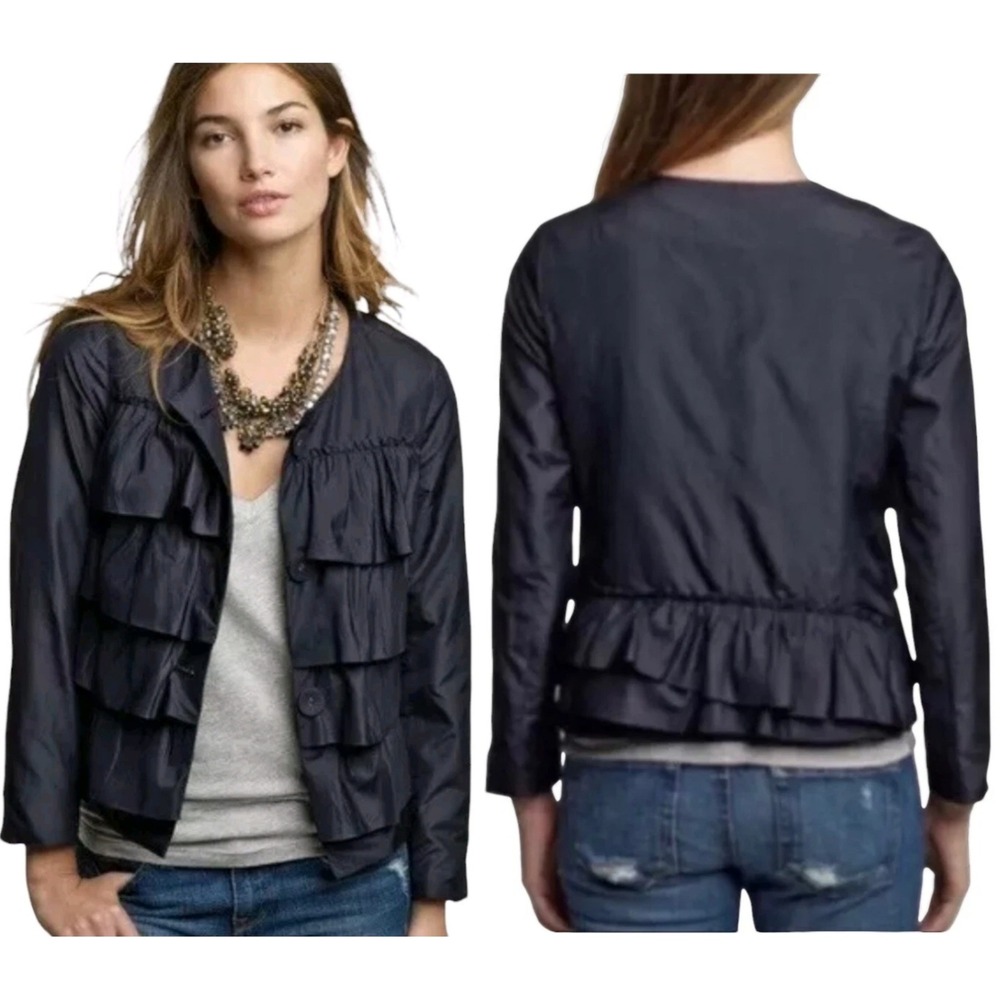 J.Crew Silk Ruffle Tiered Jacket Navy Blue Button Front 20942 WMS Size 4
